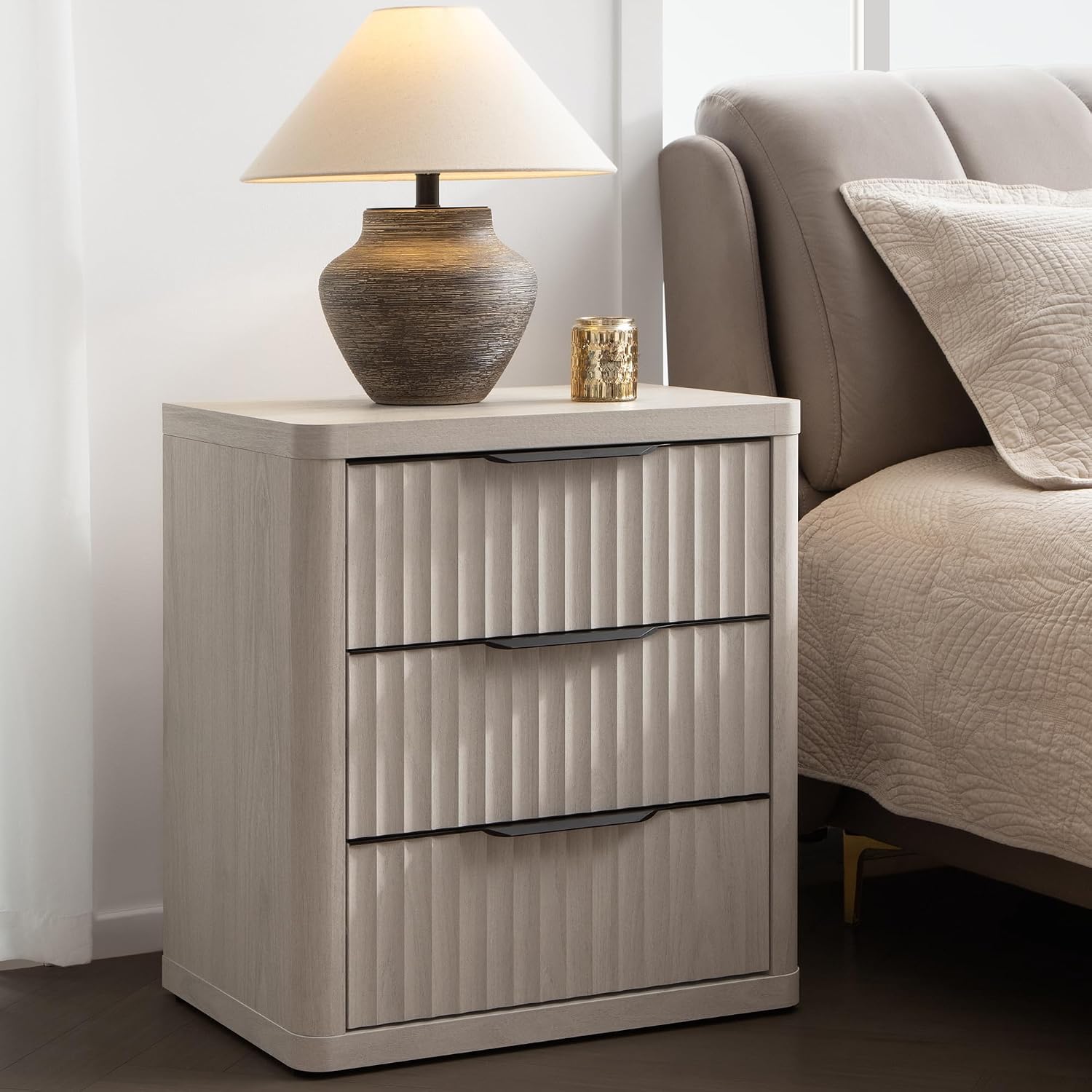 SICOTAS Night Stand Set of 2 Nightstands with 3 Drawers Storage Bedside Table Large Fluted Bed Side End Table Modern 25.6' Tall Wide Night Stands for Bedroom Living Room Sofa Couch Office, White Alder