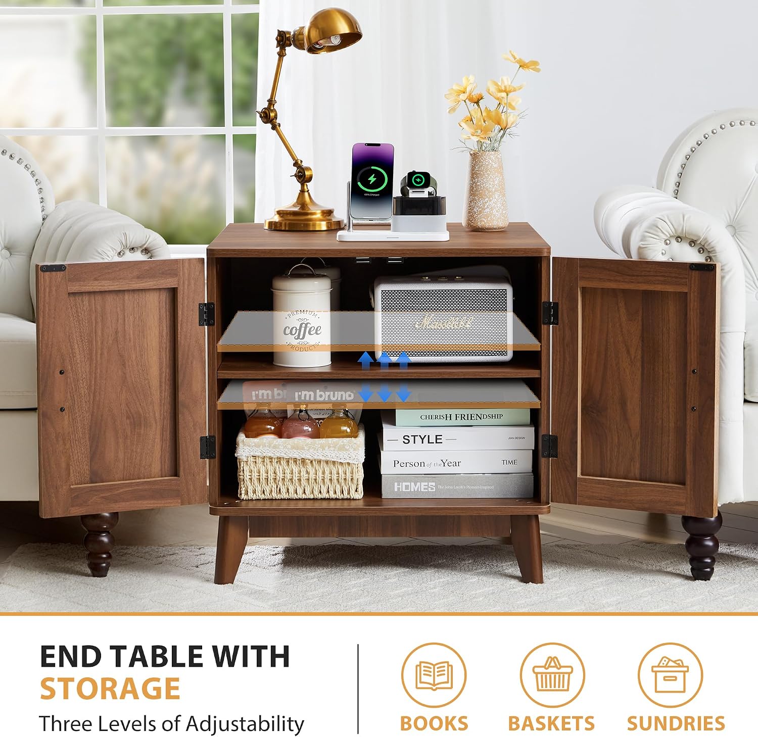 Fluted End Table with Charging Station, 2 Door Side Table with Storage, Mid Century Modern Nightstand for Bedroom Bedside, Living Room Couch Sofa, Office, Desk Side Table for Small Spaces-Walnut