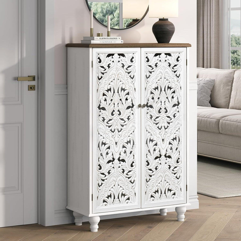 JOINICE 47' Tall Accent Cabinet with Carved Doors, Distressed White Wood Storage Cabinet with 3-Tier Shelves, Boho Farmhouse Sideboard Buffet for Small Spaces, Entryway & Living Room