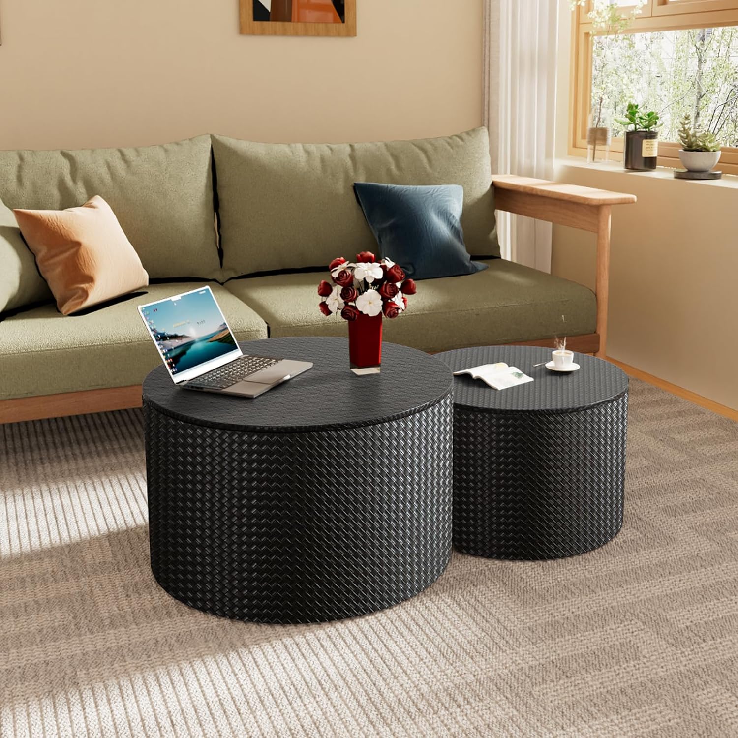 Round Nesting Coffee Table Set of 2 with Storage Modern Wood Coffee Table MDF Frame and Leather Surface Center Table End Side Table for Living Room Bedroom Office, No Assembling (Black)