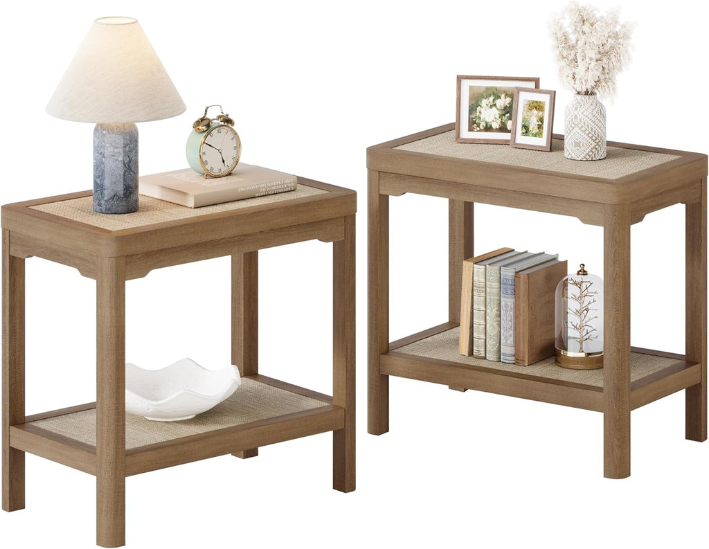 Eclatara Night Stand Set of 2, Farmhouse End Table with 2 Tier Boho Rattan Shelves, Side Tables with Round Edge Design, Ultra-Thick Legs Bedside Nightstand for Bedroom, Caramel Oak