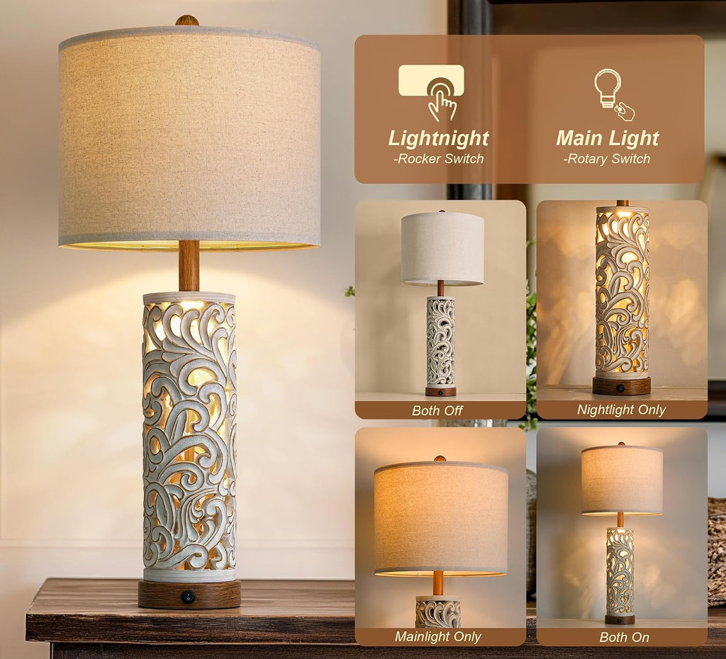 OYEARS 2-in-1 Light Table Lamp Set of 2 for Living Room, 28.5' Farmhouse Bedside Lamps with USB Charging Port, Main&Night Light & Dual Switches, Nightstand Lamp for Bedroom Home Office(Bulb Included)