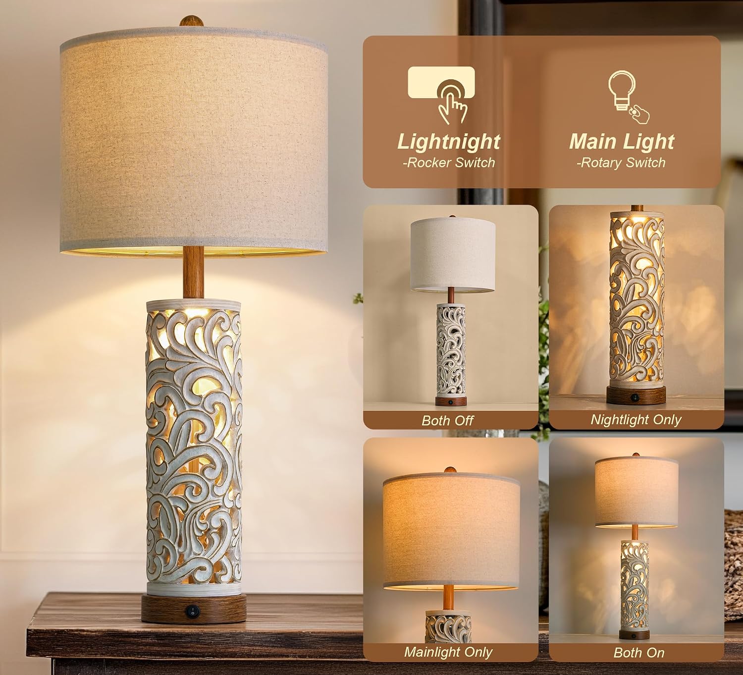 OYEARS 2-in-1 Light Table Lamp Set of 2 for Living Room, 28.5' Farmhouse Bedside Lamps with USB Charging Port, Main&Night Light & Dual Switches, Nightstand Lamp for Bedroom Home Office(Bulb Included)