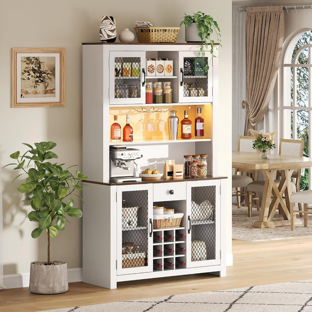 GDFStudio 70.9' Kitchen Pantry Storage Cabinet with LED,Outlets & USB,Rustic Farmhouse Buffet Hutch Cabinet with Countertop,Wine Rack,Glass Holder,Adjustable Shelves,Food Pantry Storage Cabinet,White