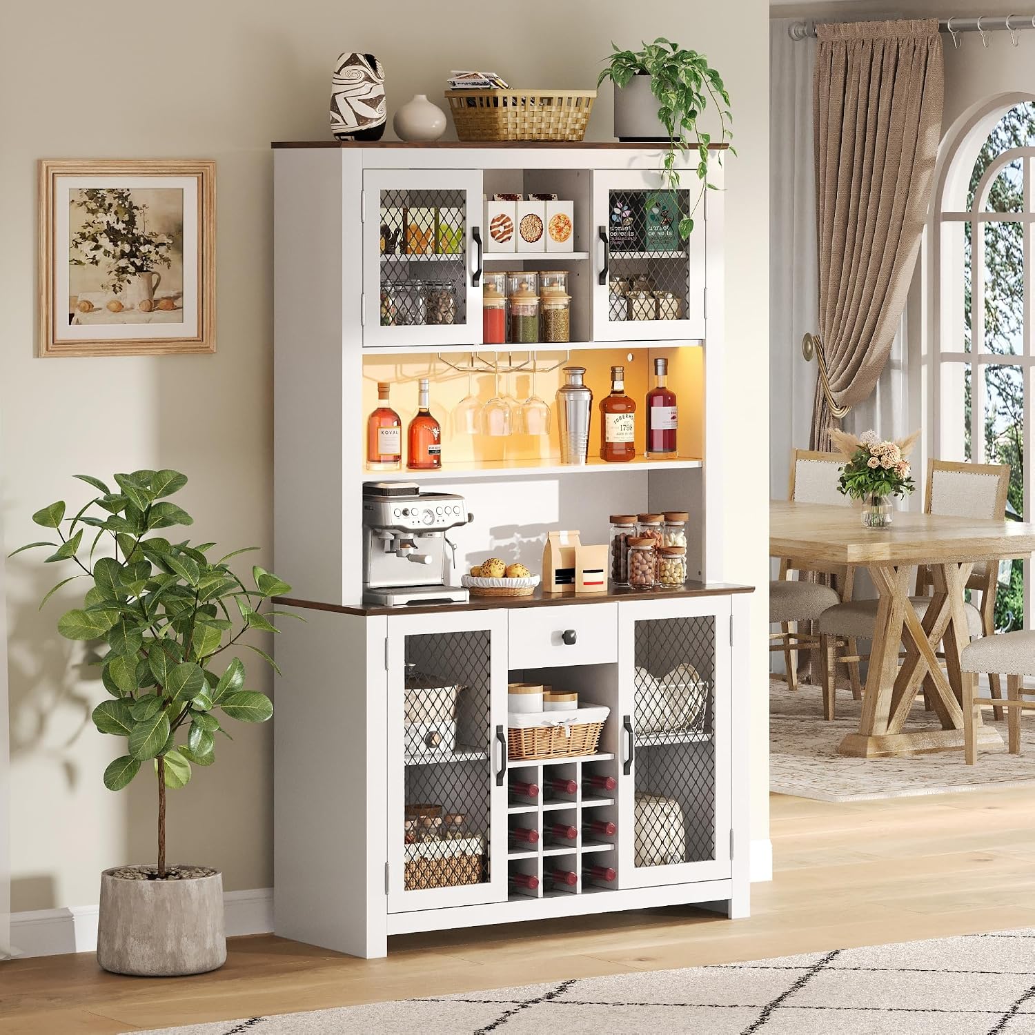 GDFStudio 70.9' Kitchen Pantry Storage Cabinet with LED,Outlets & USB,Rustic Farmhouse Buffet Hutch Cabinet with Countertop,Wine Rack,Glass Holder,Adjustable Shelves,Food Pantry Storage Cabinet,White