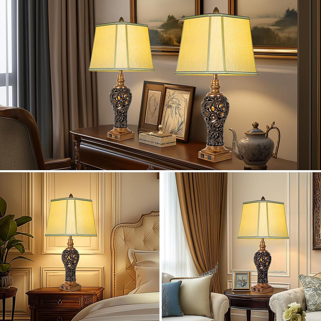 32'' Tall Rustic Vintage Table Lamps Set of 2 with Night Lights - Bedside Lamp with Faux Silk Shades for Bedroom and Living Room with 2 USB Charging Ports,Rustic Lamps for Living Room(Bulb Included)