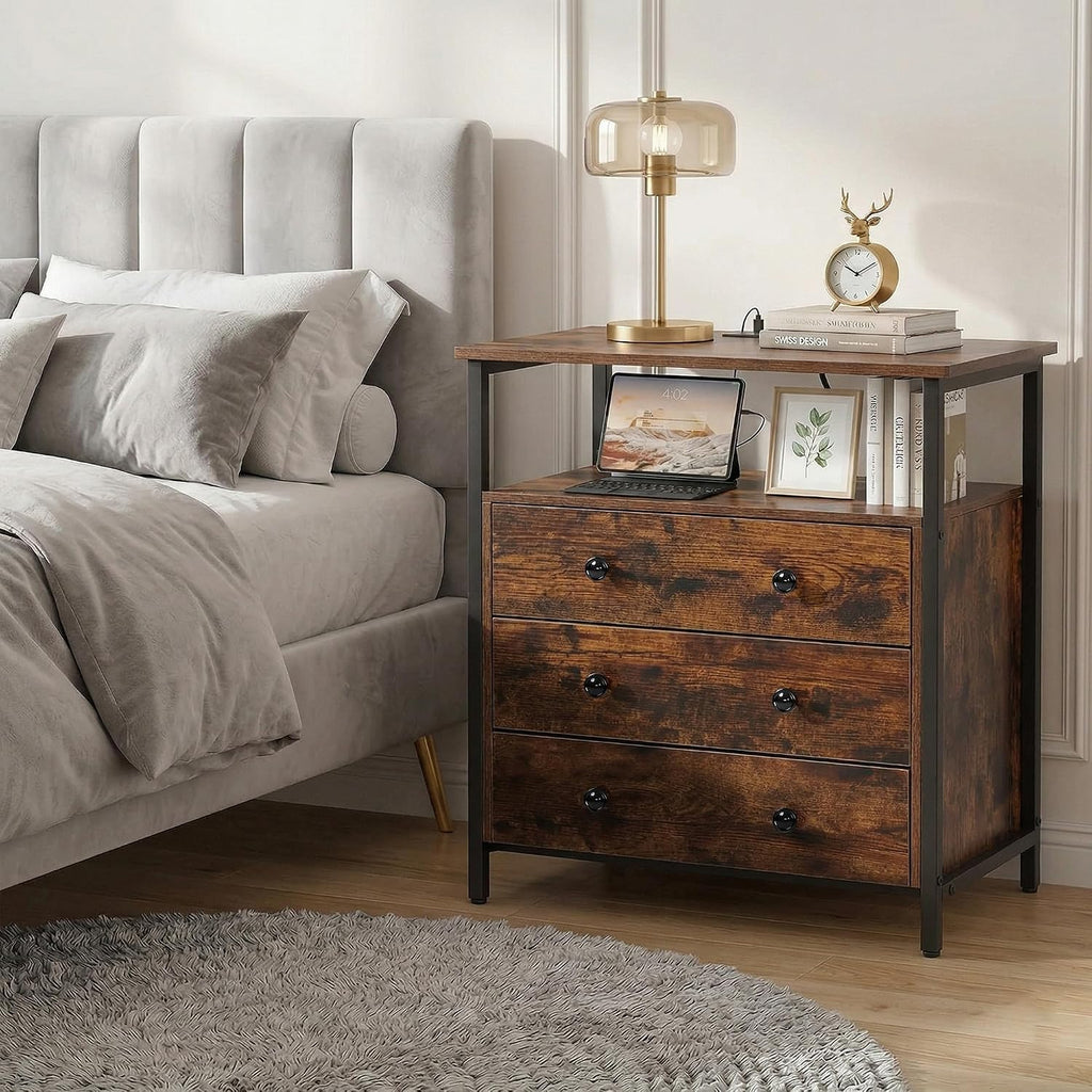 Edbuosy 3 Wooden Drawers Night Stand, 27 Inch Wide Nightstand with Charging Station and Adjustable Drawers, Small Dresser for Closet, Bedside Table for Living Room/Bedroom/Office, Retro Brown.