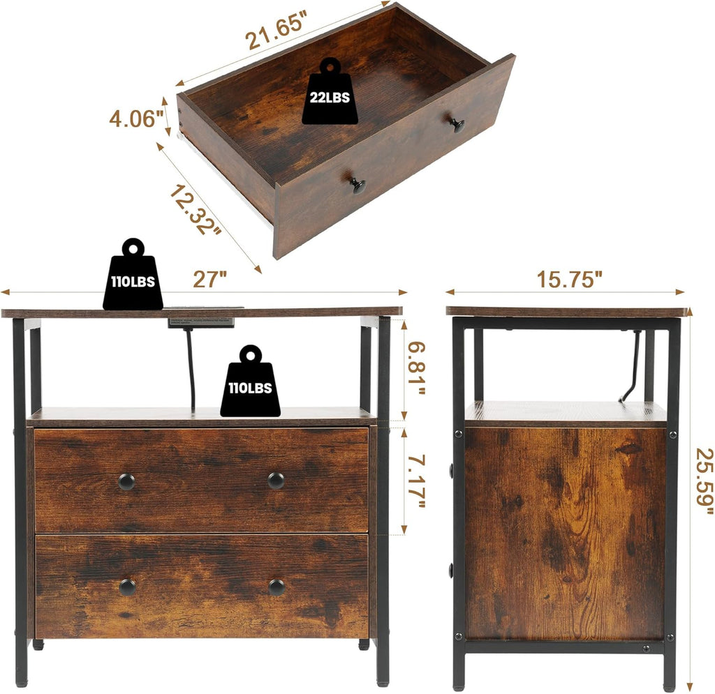 Edbuosy 27 inch Wide Night Stand Set 2 with Charging Station, Bedside Table with Open Shelf, 2 Drawers Small Wood Dresser, Modern Wood Nightstand for Bedroom/Living Room (Retro Brown)