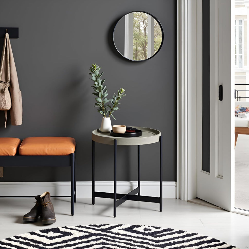 Brookline 20-Inch Round Wood End Table with Concrete Coating and Powder-Coated Iron Legs – Tray Style Top Home Accent for Living Room, Bedroom or Office by Alaterre Furniture (Gray)
