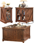 Joaxswe Farmhouse Coffee Table Sets 3 Pieces, 24'' End Table with Charger and Narrow 14'' Nightstand w/Glass Barn Door, Large Coffee Tables with Hidden Storage Organizer, Living Room Sets