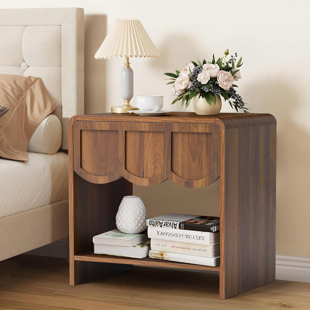 Small Night Stand Set of 2, Mid Century Modern Farmhouse Wood Nightstand with Wave Panel Drawer, Bed Side End Table for Small Space, Living Room - Walnut