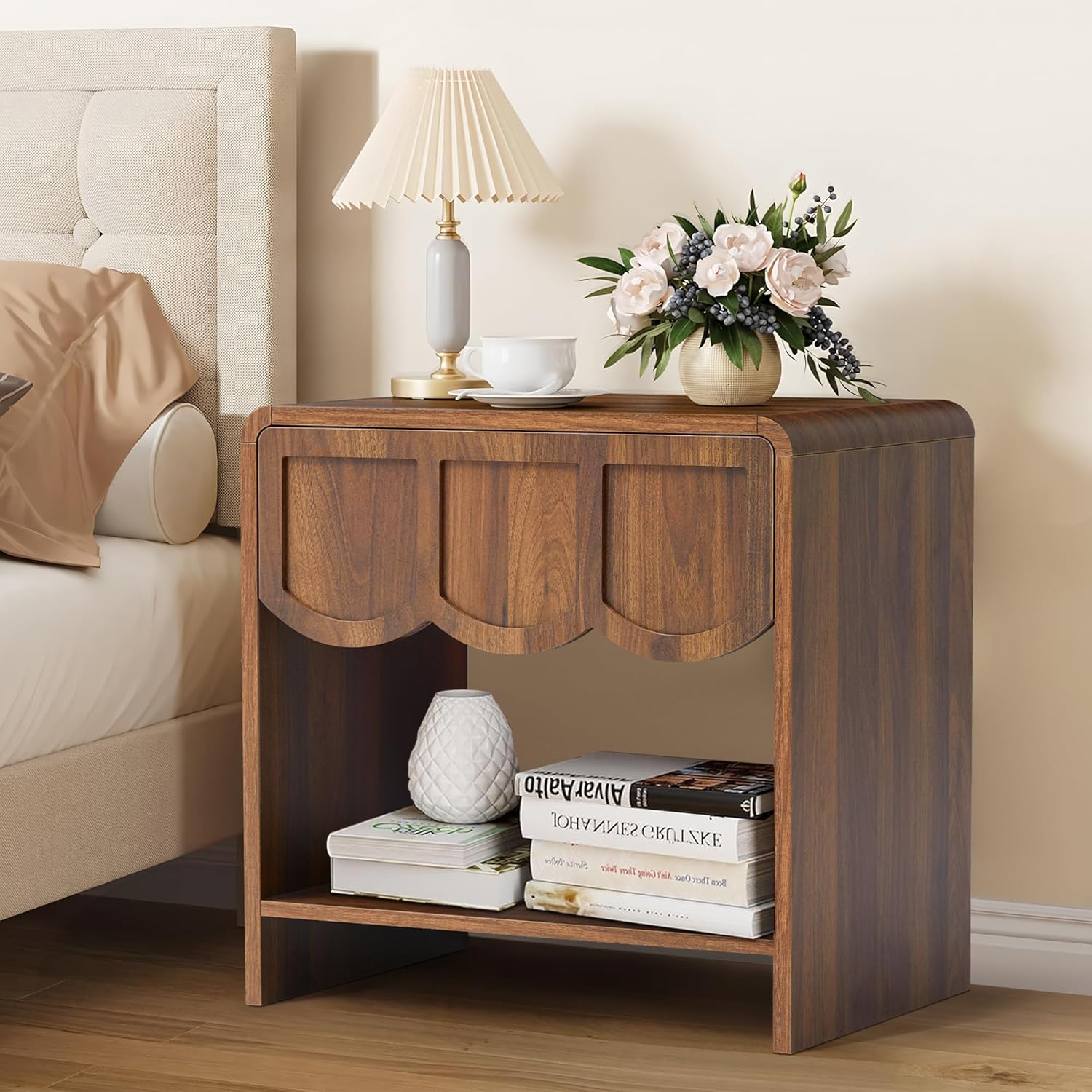 Small Night Stand Set of 2, Mid Century Modern Farmhouse Wood Nightstand with Wave Panel Drawer, Bed Side End Table for Small Space, Living Room - Walnut
