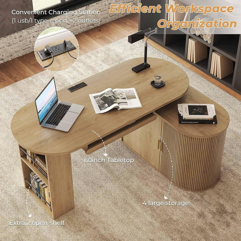 HSH L Shaped Computer Desk with Storage, Reversible Office L Desks with Cabinet and Keyboard Tray, Home Office Corner Executive Desk with Power Outlet, Oak 60 Inch