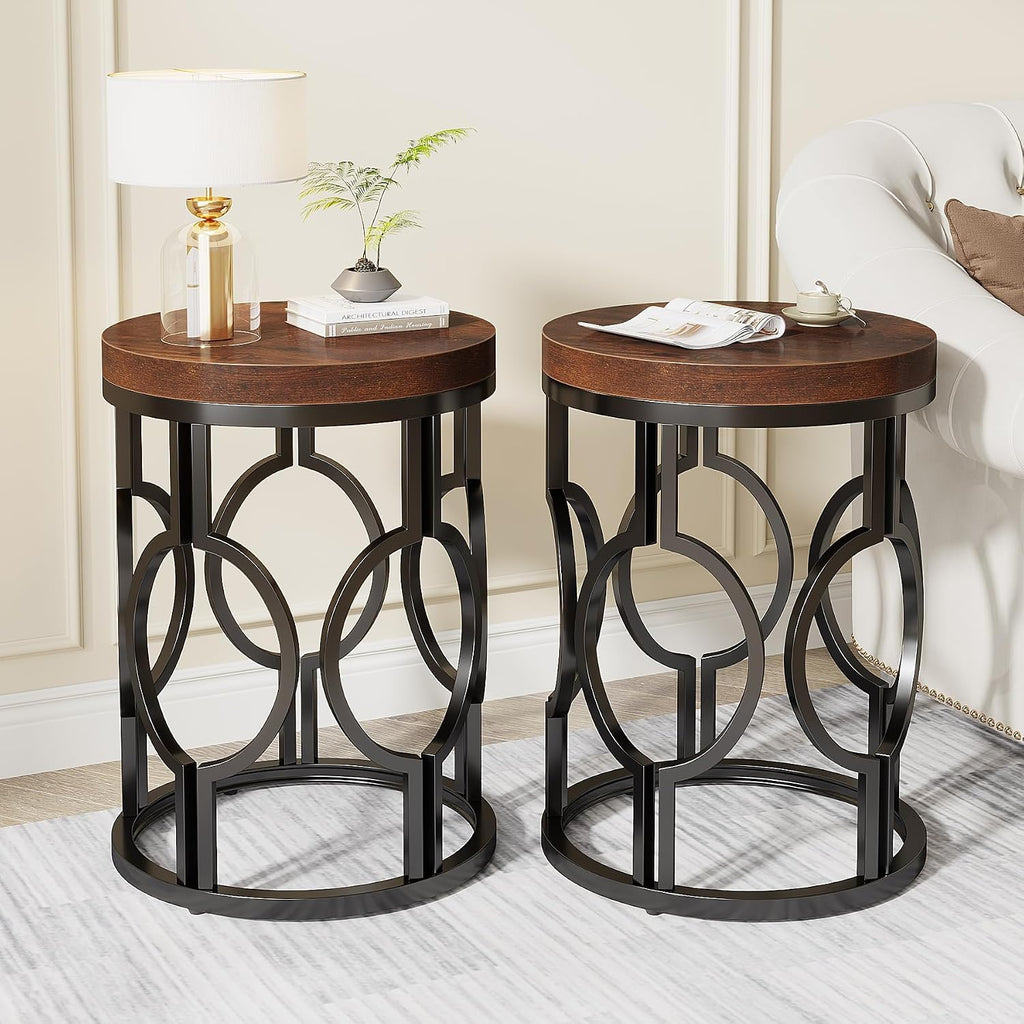 Tribesigns Round End Table Set of 2, Industrial Side Table with Metal Hollow Frame, Small Bedside Table Nightstand for Living Room, Bedroom, Easy Assembly (Rustic Brown,2 PCS)