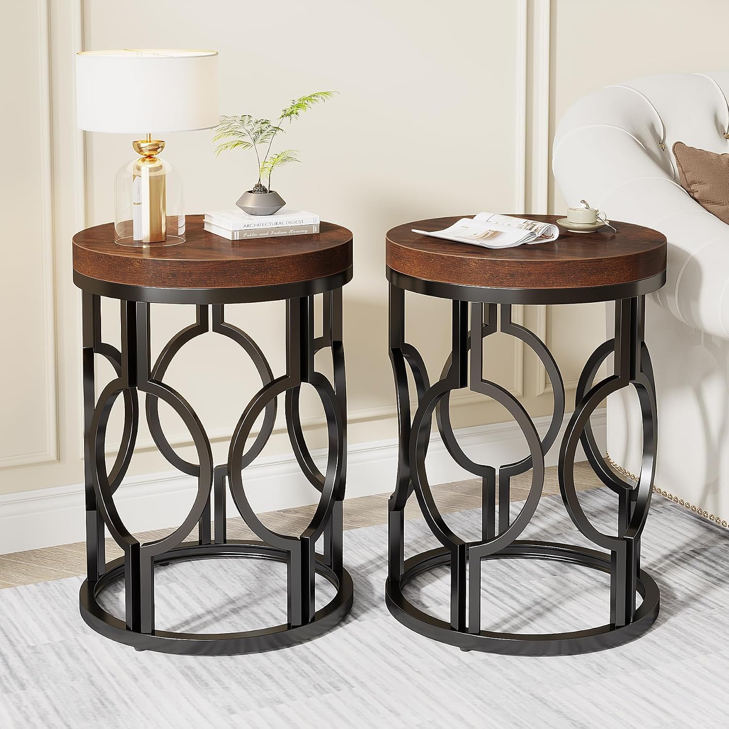 Tribesigns Round End Table Set of 2, Industrial Side Table with Metal Hollow Frame, Small Bedside Table Nightstand for Living Room, Bedroom, Easy Assembly (Rustic Brown,2 PCS)