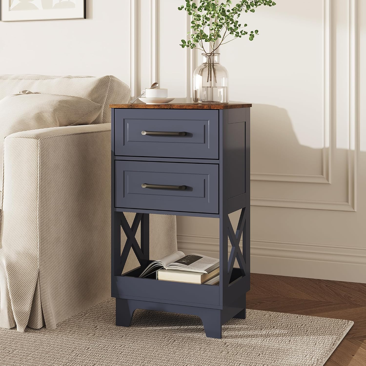 Tall Nightstand Set of 2 Side Table Modern Night Stand with 2 Drawers Wooden Rustic End Table Bedside Table with Upper Open Shelf Solid Feet for Bedroom Navy Blue+Walnut