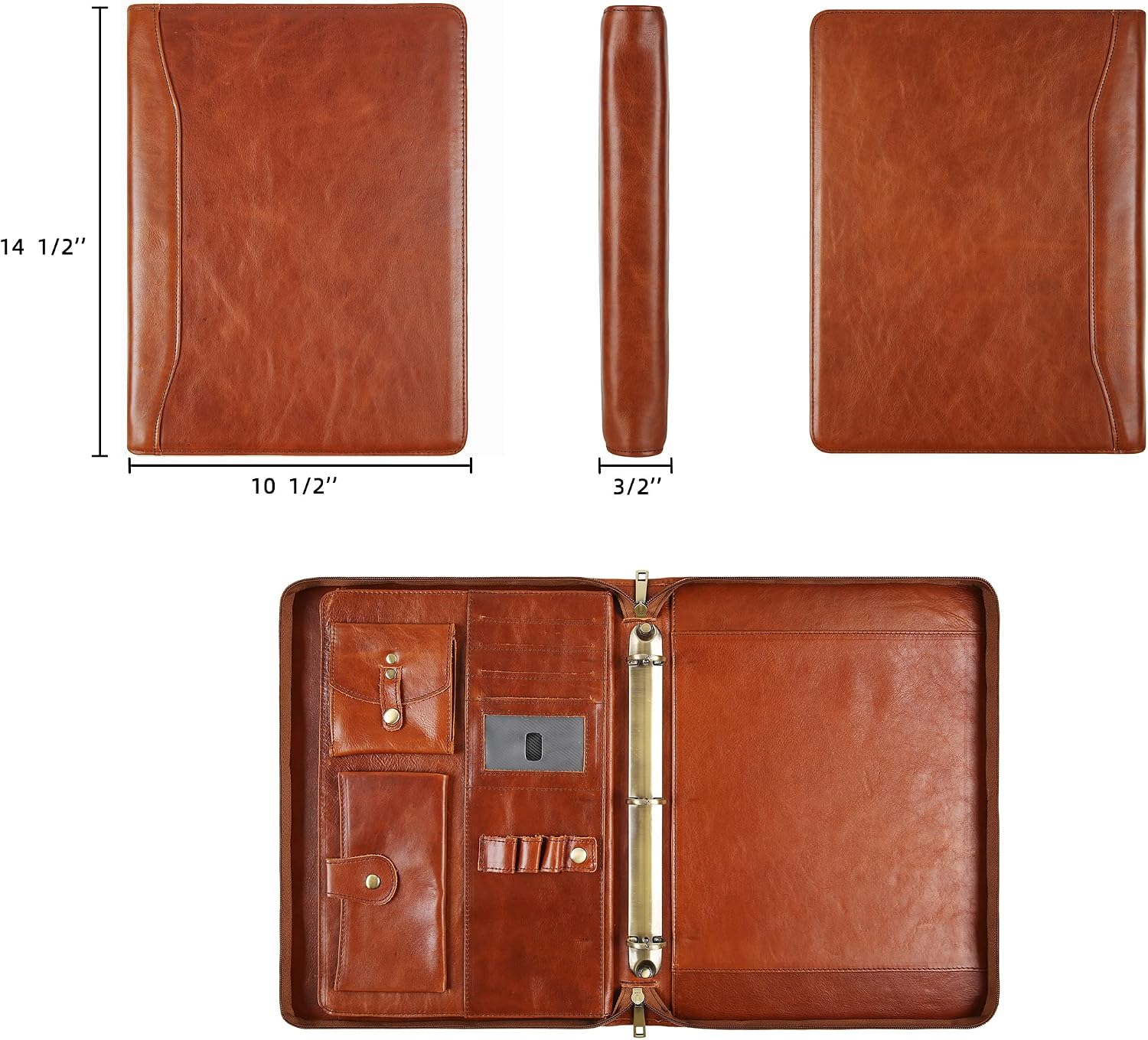 DUKE&COW Leather Portfolio with 3 Ring Binder, Personalized Leather Binder Padfolio Executive Folio Zippered, Engraved Leather Folder Portfolio Organizer, Custom Gift for Men Women （Brown, Custom）