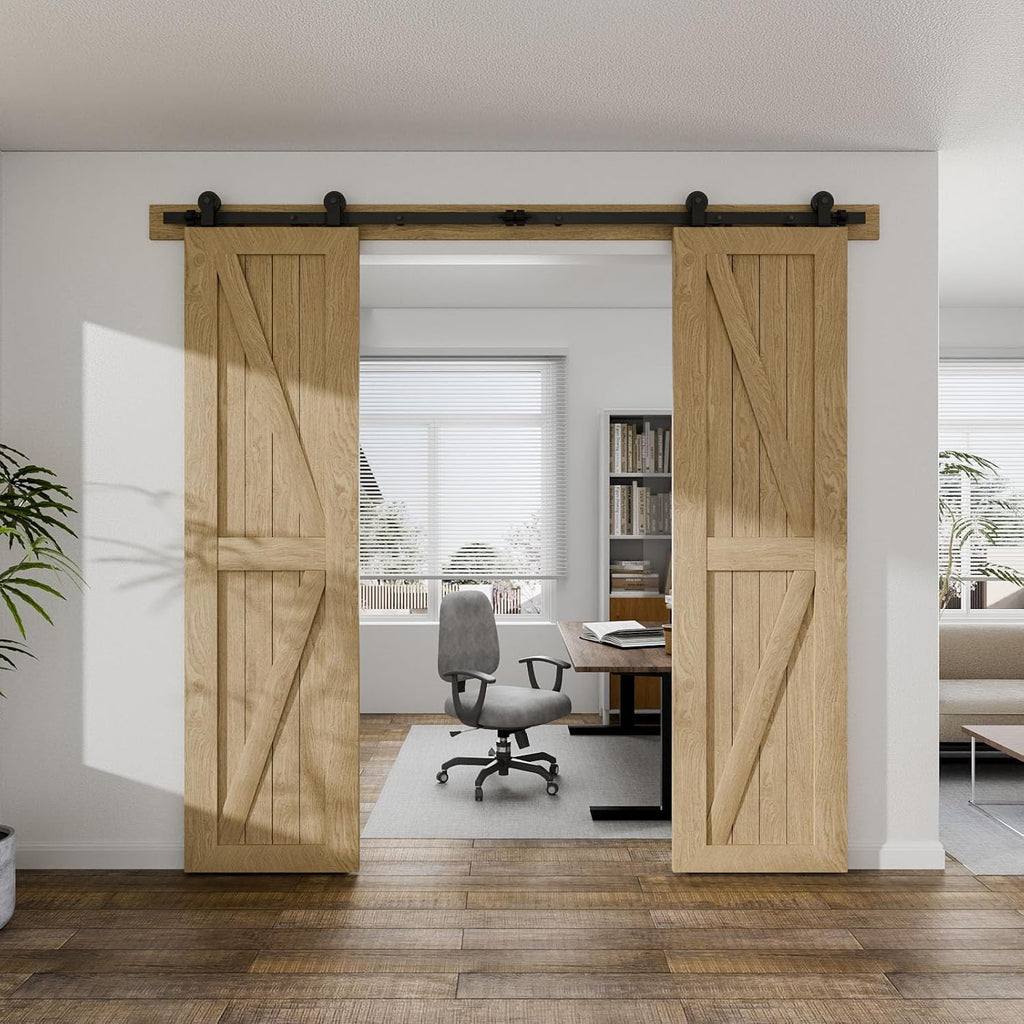 10FT Sliding Barn Double Door Hardware Cabinet Closet Track Kit Top Mount T Rollers Hangers Set for 2 Doors Black