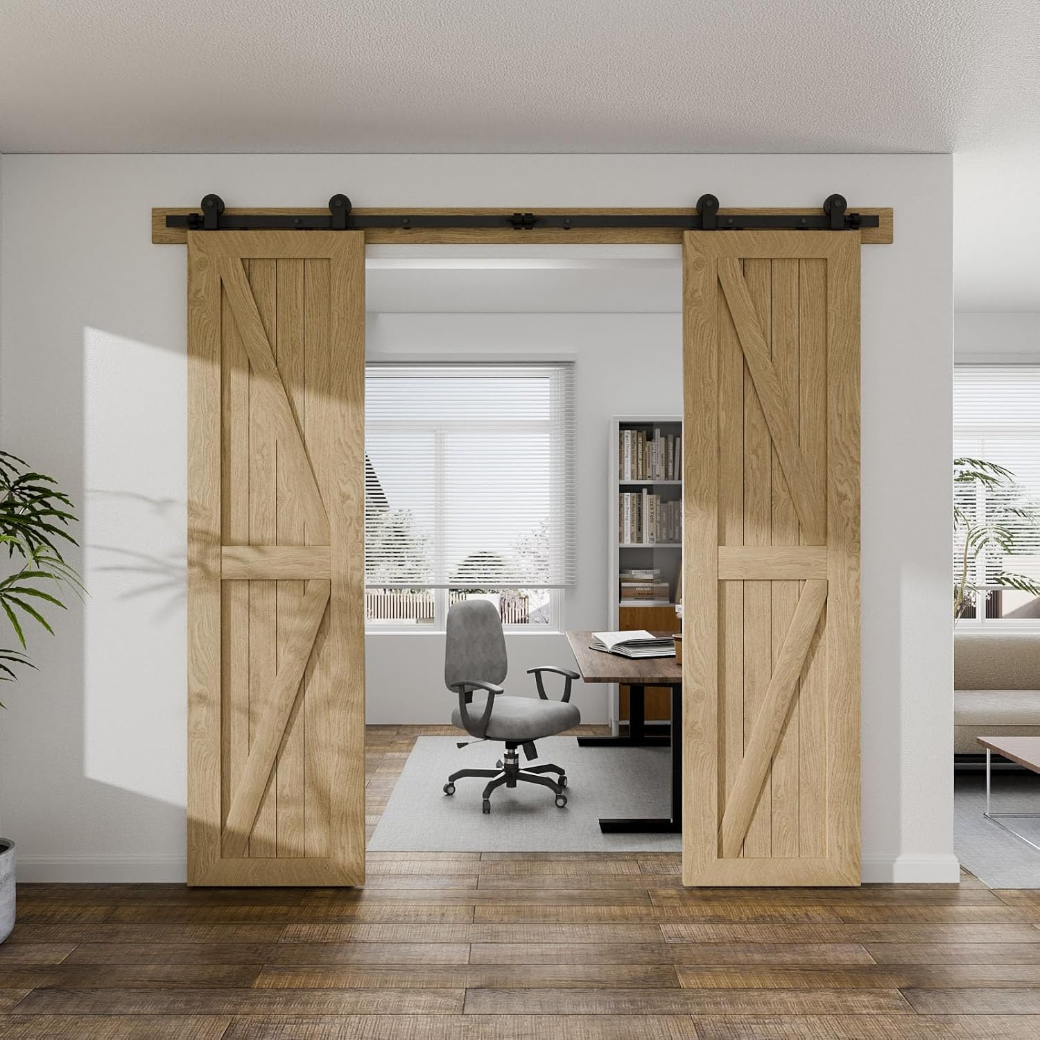10FT Sliding Barn Double Door Hardware Cabinet Closet Track Kit Top Mount T Rollers Hangers Set for 2 Doors Black