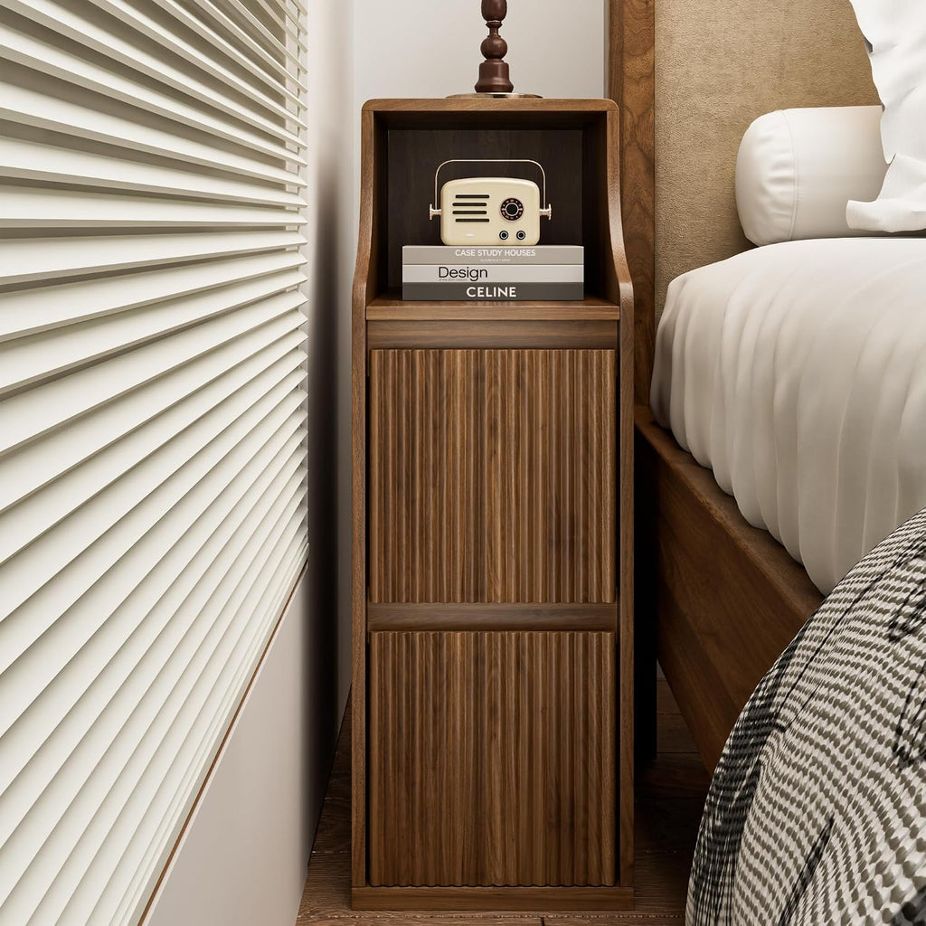 Fluted Narrow Nightstand Set of 2, Mid Century Modern Small Bedside Table with 2 Drawers, Wooden Skinny Vintage Side Table, Night Stand, Slim End Table for Bedroom, Walnut, Brown
