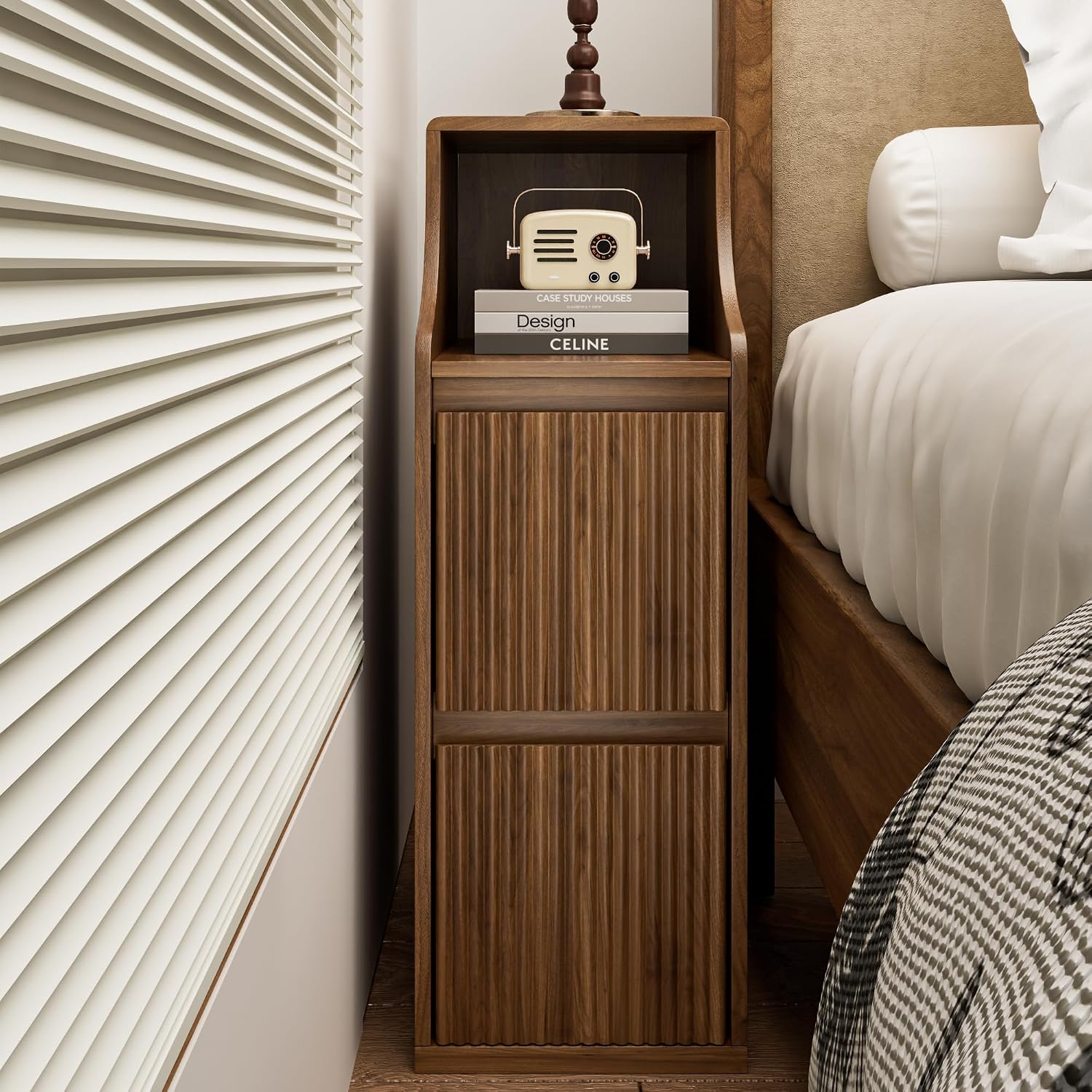 Fluted Narrow Nightstand Set of 2, Mid Century Modern Small Bedside Table with 2 Drawers, Wooden Skinny Vintage Side Table, Night Stand, Slim End Table for Bedroom, Walnut, Brown