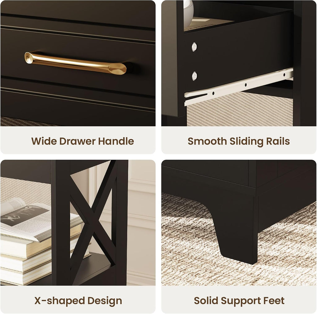 Tall Nightstand Set of 2 Side Table with 2 Drawers Modern Night Stand Wooden End Table Bedside Table with Upper Open Shelf Solid Feet for Bedroom Black