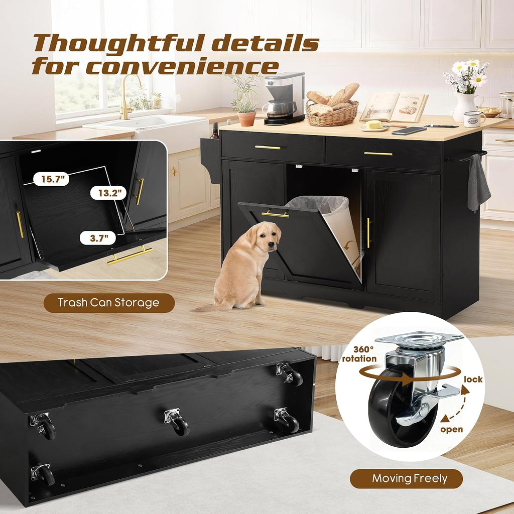 60' Kitchen Island with Power Outlet & Drop Leaf, Rolling Kitchen Island Table Cart w/Trash Can Storage Cabinet, Mobile Kitchen Cabinet on Wheels w/Drawers, Spice Rack, Towel Bar, Hooks (Black)