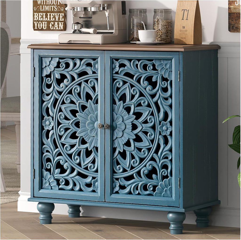 JOINICE Blue Accent Cabinet with Carved Doors, 31' Storage Cabinet for Entryway & Living Room, Vintage Sideboard Buffet Table with Adjustable Shelf, Solid Wood Legs, Boho Home Decor