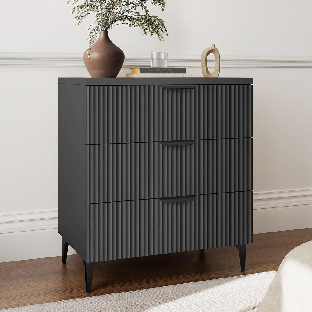 25.6' W Black Fluted Nightstand with 3 Drawer, Modern Wood Night Stands Bedside Table for Bedroom King/Queen Bed, End Table with Robot-Friendly Legs for Living Room,Entry