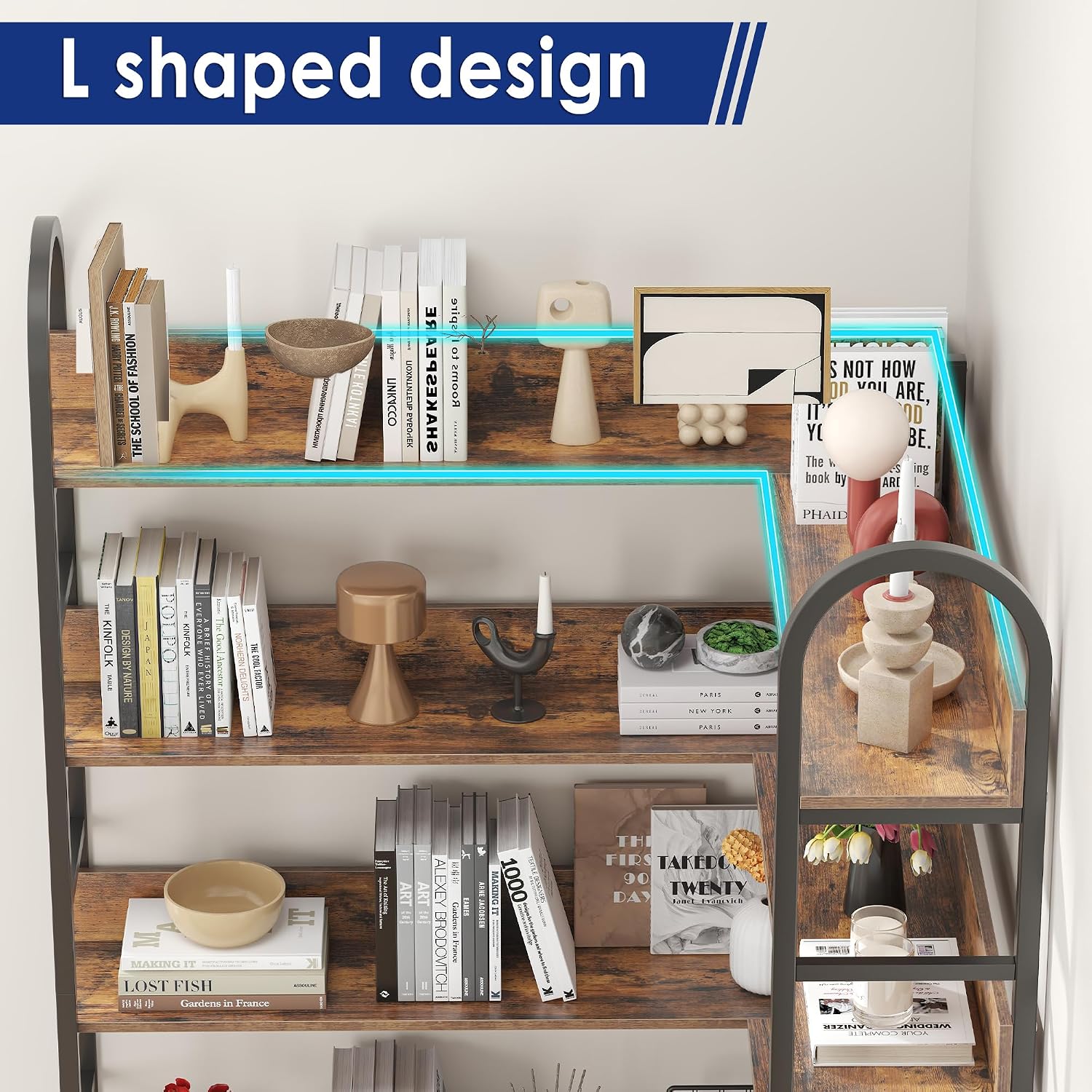 Nosepen L Shaped Corner Bookcase and Bookshelves, 5-Tier Tall Open Shelf Etagere Bookcase, Wood and Metal Large Library Industrial Bookcases Display Rack for Living Room Home Office,Black+Brown