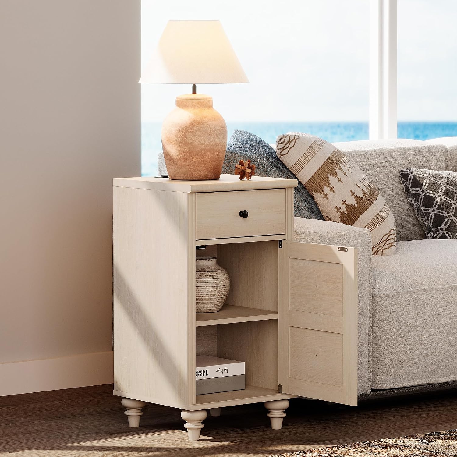 WAMPAT Nightstands with Charging Station, Set of 2 End Table with Power Outlets & USB Ports for Living Room, Modern Side Table with Drawer and Storage Cabinet for Bedroom, Beige