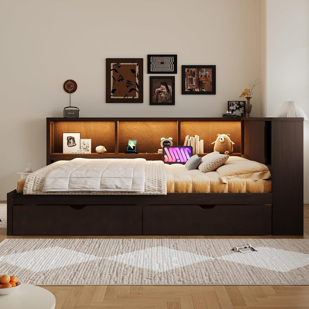 VilroCaz Queen Size Daybed with L-Shaped Headboard &Bookcases, Solid Wood Daybed Sofa Bed Frame with 2 Storage Drawers, USB, LED for Office Living Room Bedroom (Brown-2.18)
