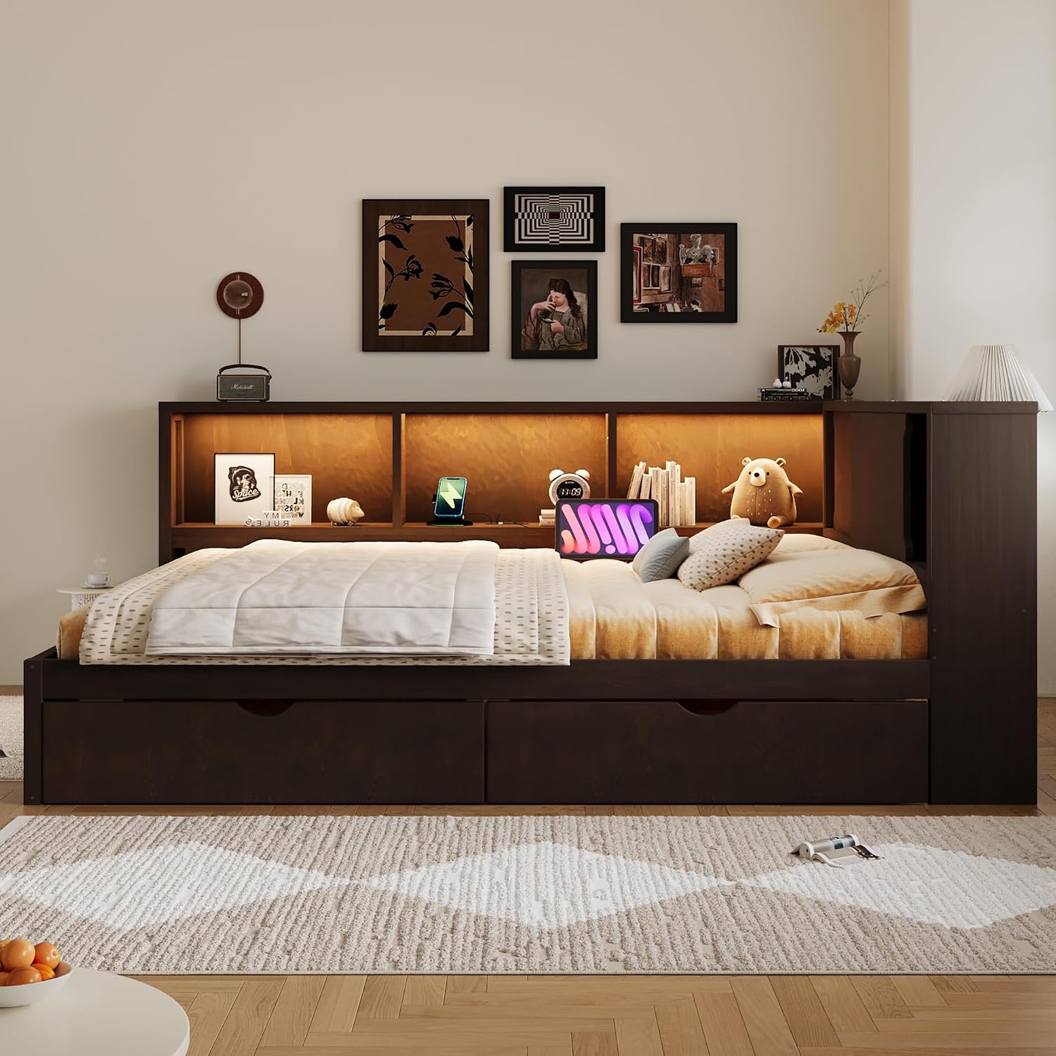 VilroCaz Queen Size Daybed with L-Shaped Headboard &Bookcases, Solid Wood Daybed Sofa Bed Frame with 2 Storage Drawers, USB, LED for Office Living Room Bedroom (Brown-2.18)