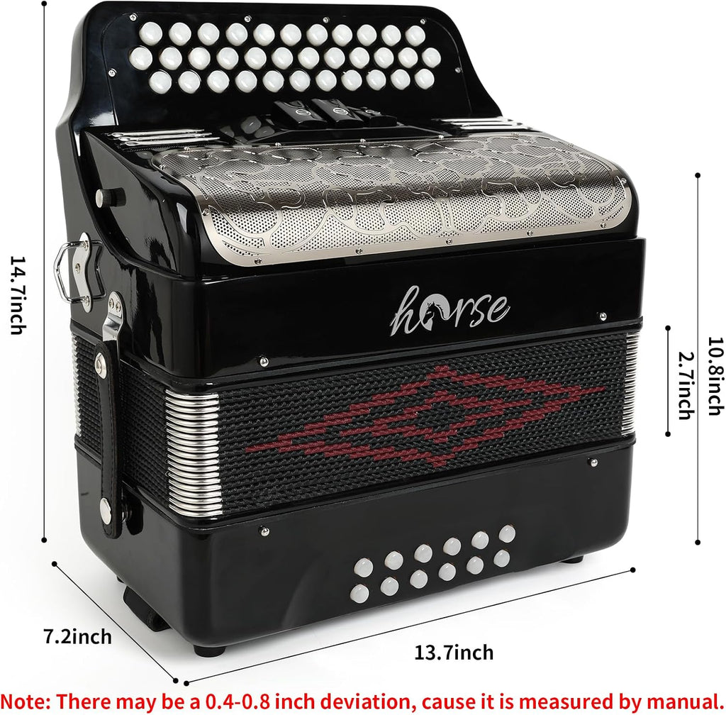 Horse Accordion, 34 Keys 12 Bass Accordion Instrument, F/B/E Tone for Adult Professional Players and Beginners, Comes with Case, Strap, Gloves,Oversleeves, and Wipe Cloth Acordeón Acordeones Adultos