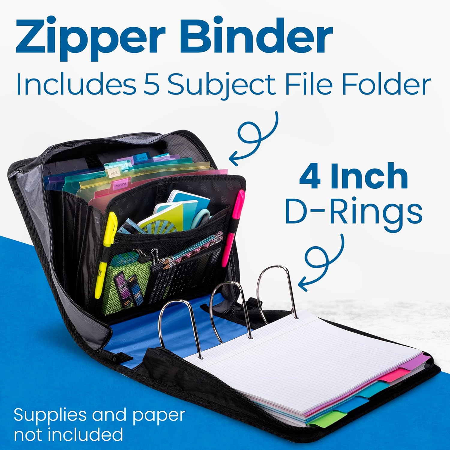 Case-it King Sized Zip Tab School Zipper Binder | 4-Inch D-Rings, 800 Sheet Capacity, 5-Subject Expanding File Folder, Multiple Pockets & Storage Organizer, Shoulder Strap | D-186 Midnight Blue|4 Pack