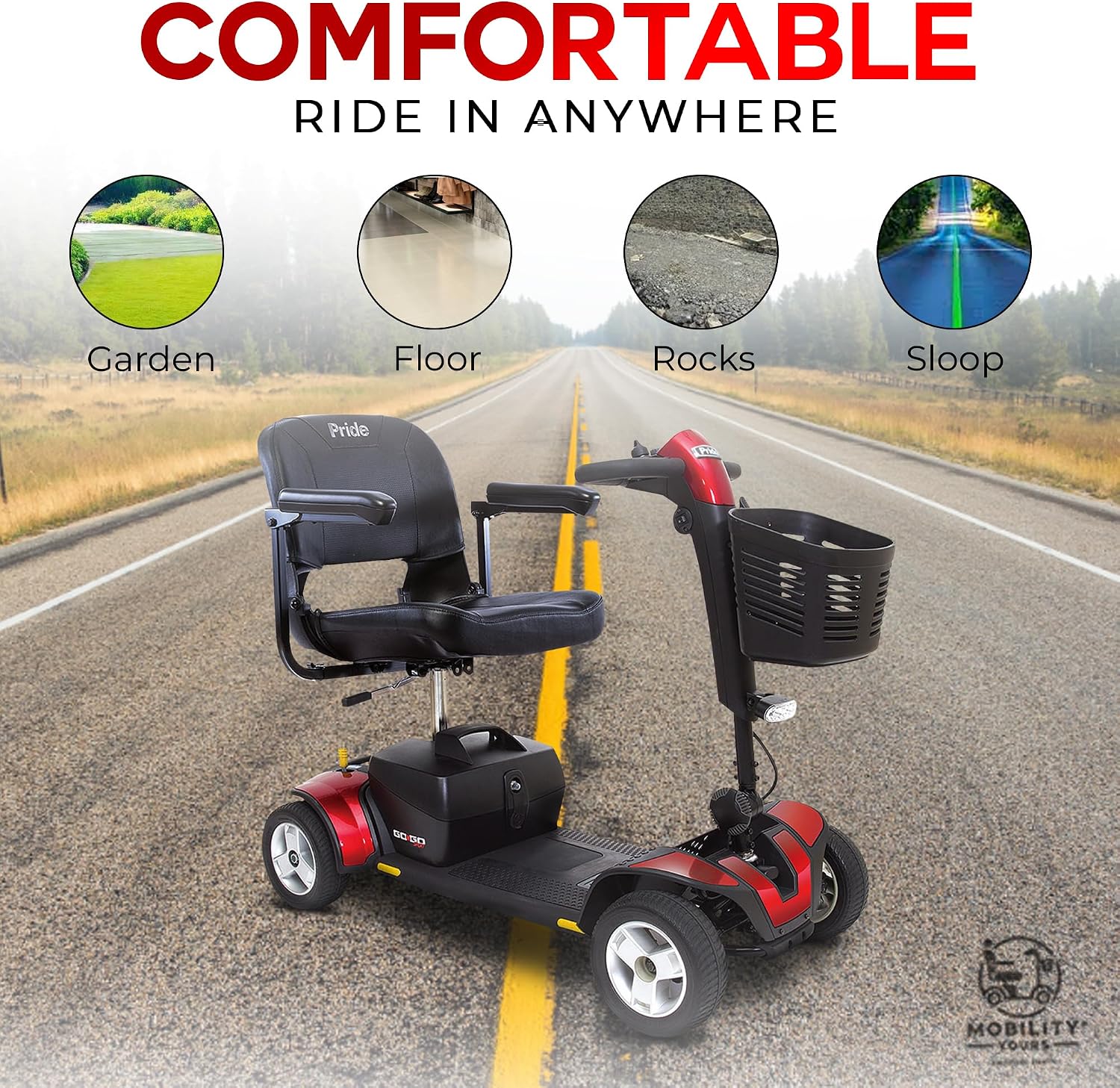 Pride Mobility Go Go Sport Plus Rear Basket, Cup Holder, Pride 4 Wheel Mobility Scooter for Adults and Seniors, Stable 325 lb Weight Capacity, 12 Mile Range, New EZ Turn, Extended Warranty