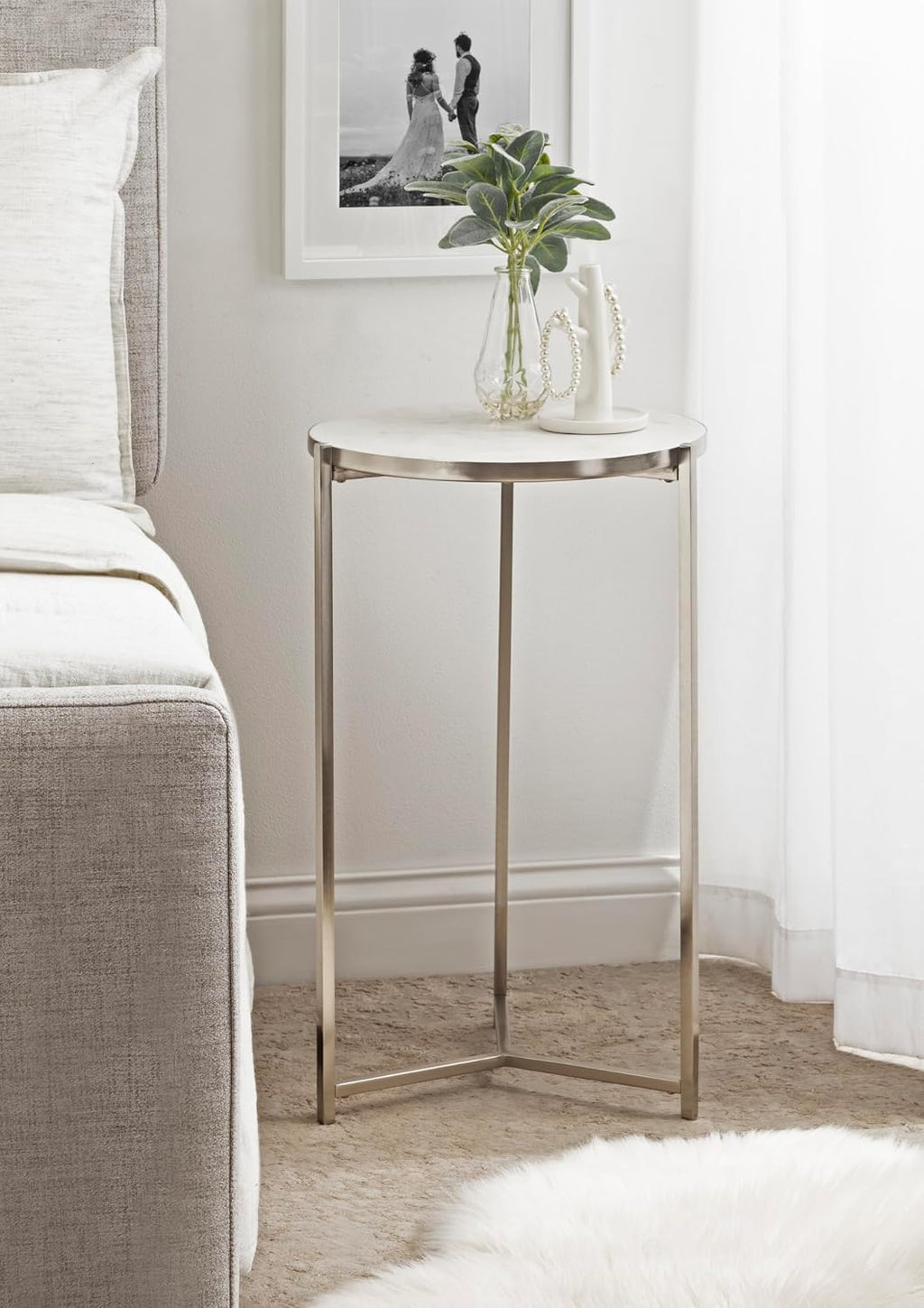 Kate and Laurel Aguilar Modern Round Side Table, 15 x 15 x 24, White and Silver, Genuine Marble Nightstand for Small Spaces and Living Room Decor