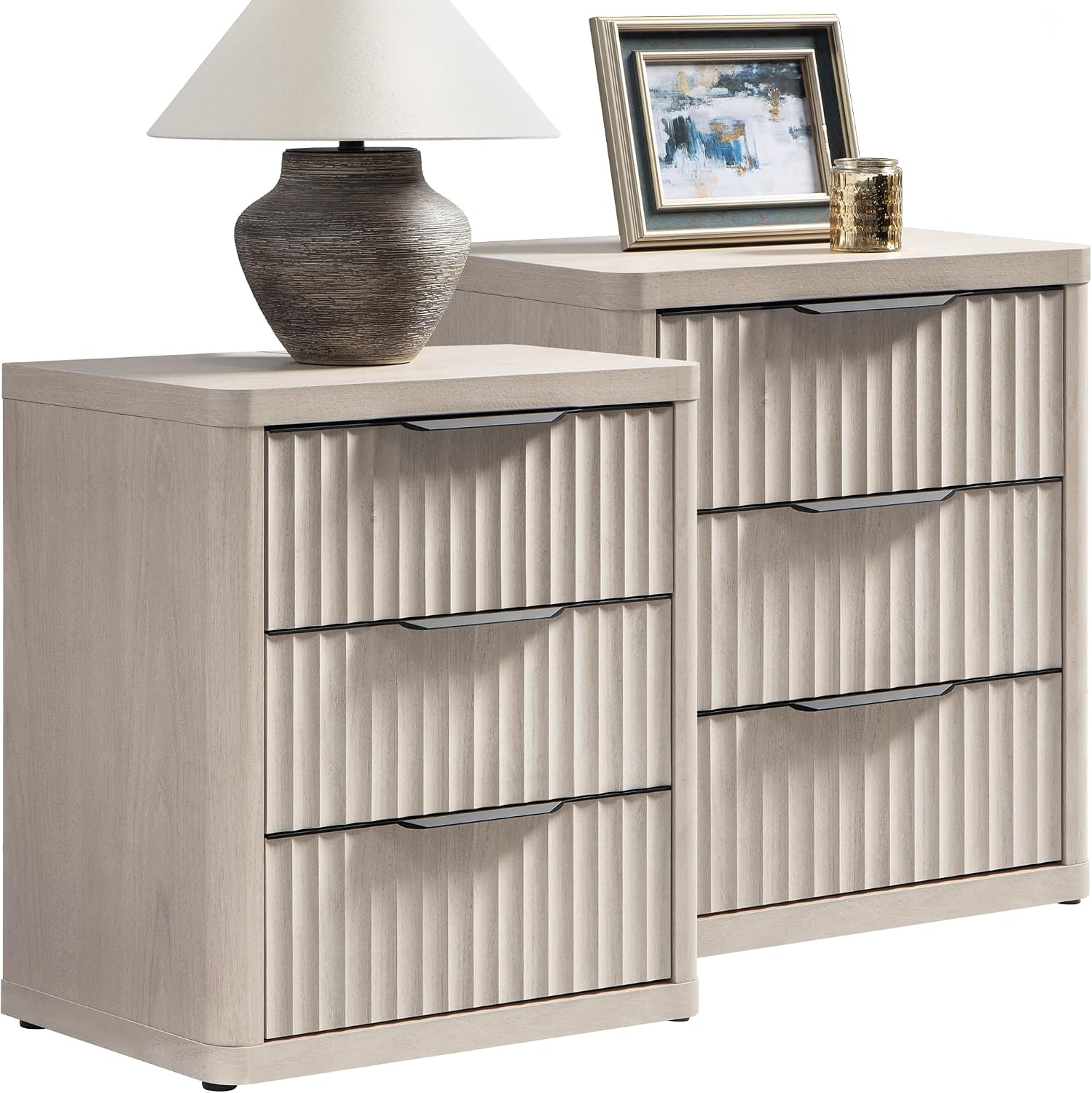 SICOTAS Night Stand Set of 2 Nightstands with 3 Drawers Storage Bedside Table Large Fluted Bed Side End Table Modern 25.6' Tall Wide Night Stands for Bedroom Living Room Sofa Couch Office, White Alder