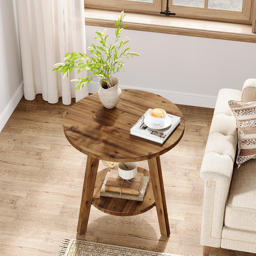 Solid Wood Round End Table Set of 2, Sofa Side Table with Storage Shelf, Farmhouse Nightstand for Living Room, Bedroom, Easy Assembly (Natural, 2 PCS)