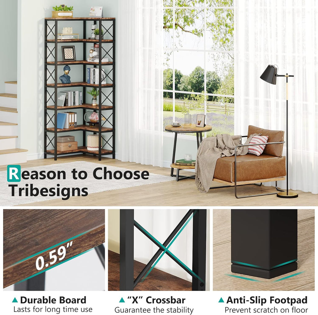 Tribesigns 7-Tier Corner Bookcase, Industrial Large Corner Bookshelf, 7-Shelf Tall Shelf Storage Display Rack with Metal Frame for Living Room Home Office, Rustic Brown