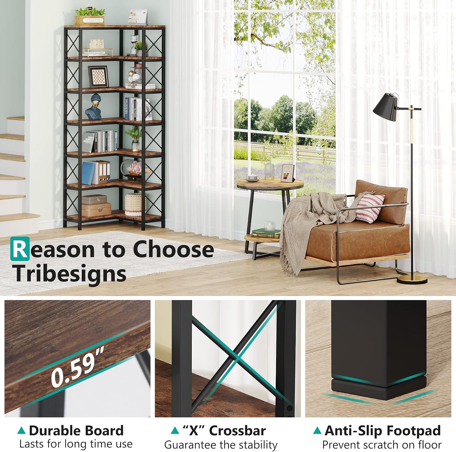 Tribesigns 7-Tier Corner Bookcase, Industrial Large Corner Bookshelf, 7-Shelf Tall Shelf Storage Display Rack with Metal Frame for Living Room Home Office, Rustic Brown