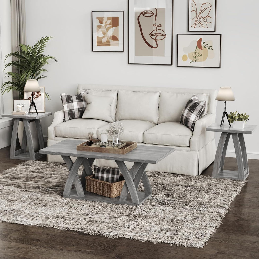FROMJBEST End Tables Living Room, Side Table Beside Sofa, Nightstand for Bedroom, Couch Side Table with Shelf, Modern End Table for Living Room, Grey End Table Set of 2