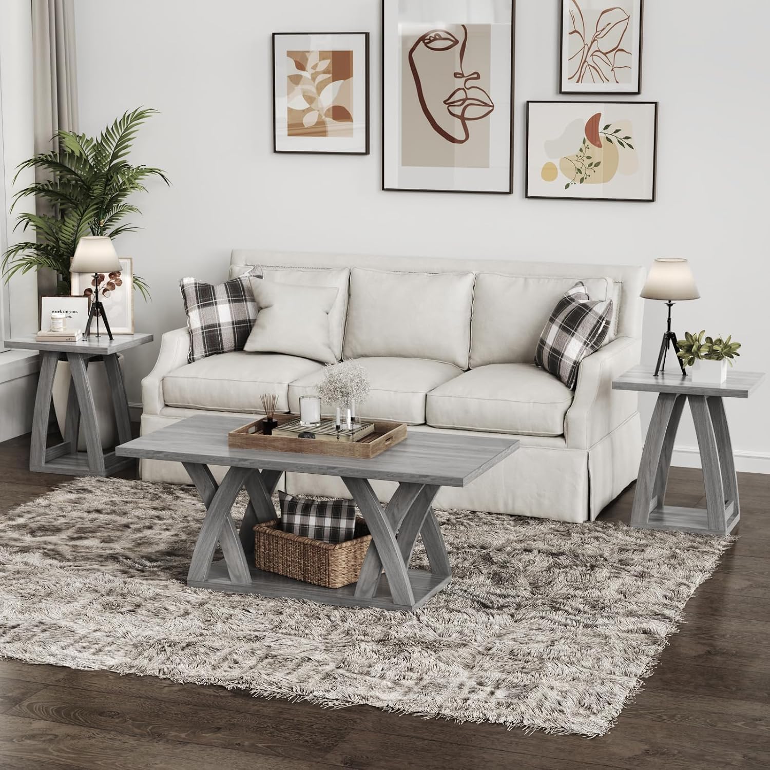FROMJBEST End Tables Living Room, Side Table Beside Sofa, Nightstand for Bedroom, Couch Side Table with Shelf, Modern End Table for Living Room, Grey End Table Set of 2