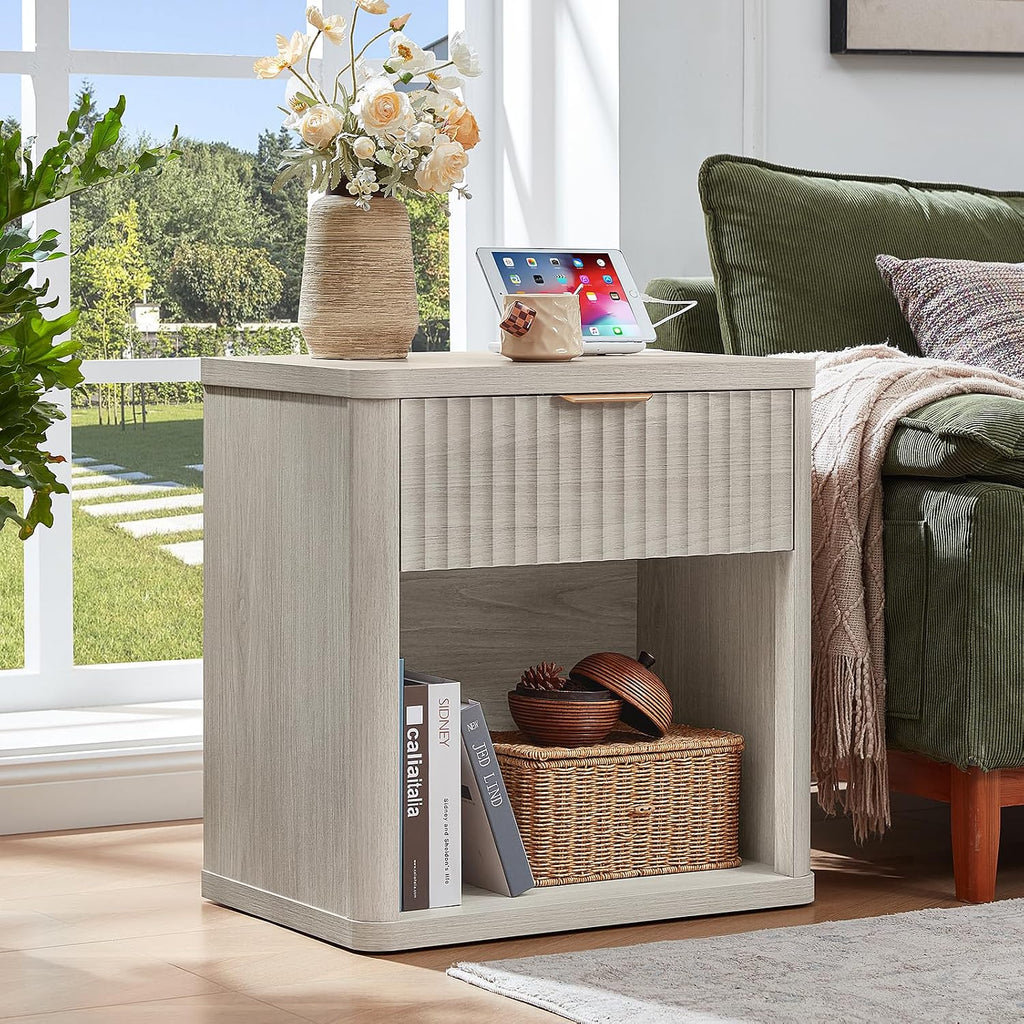 LEYAOYAO Fluted Farmhouse Nightstand Set of 2 with Charging Station, 23' Wide 1 Drawers Night Stand,LightGrey Dresser for Bedroom,Bed Side Table Chest of Drawers,Wood End Table for Living Room