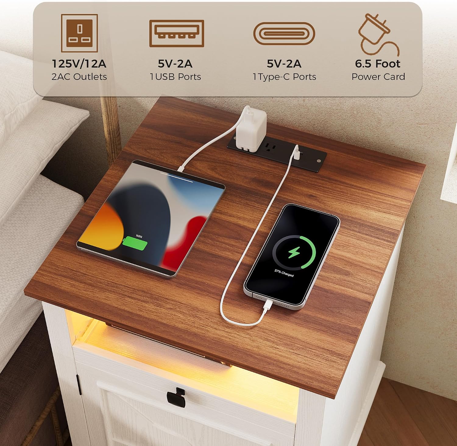 IRONCK Farmhouse End Table Set of 2, Nightstand with Charging Station and App Controlled LED, End Table with Storage for Bedroom Living Room,White