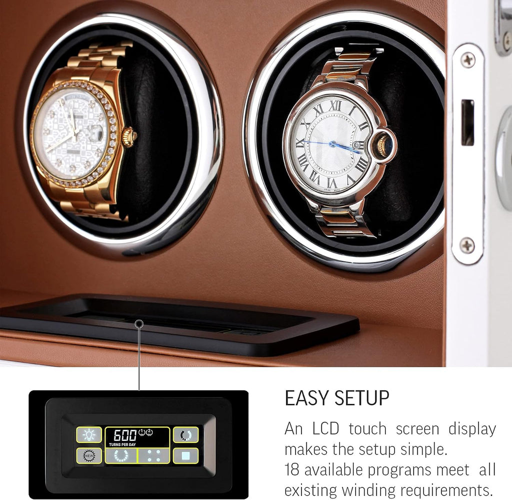 Watch Winder for 2 Watches with LED Backlight, LCD Display and Motor-Stop Option