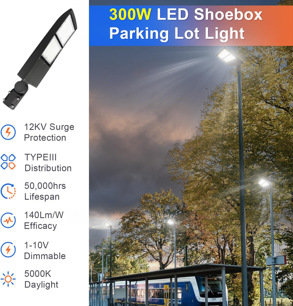 OSTEK 300W LED Parking Lot Light, 42000lm(140lm/w) 5000K LED Shoebox Light -Slip Fitter Mount, Outdoor Area Street Lighting [600-750W HID/HPS Equiv.] Commercial Outdoor Lighting 100-277V,UL&DLC Listed