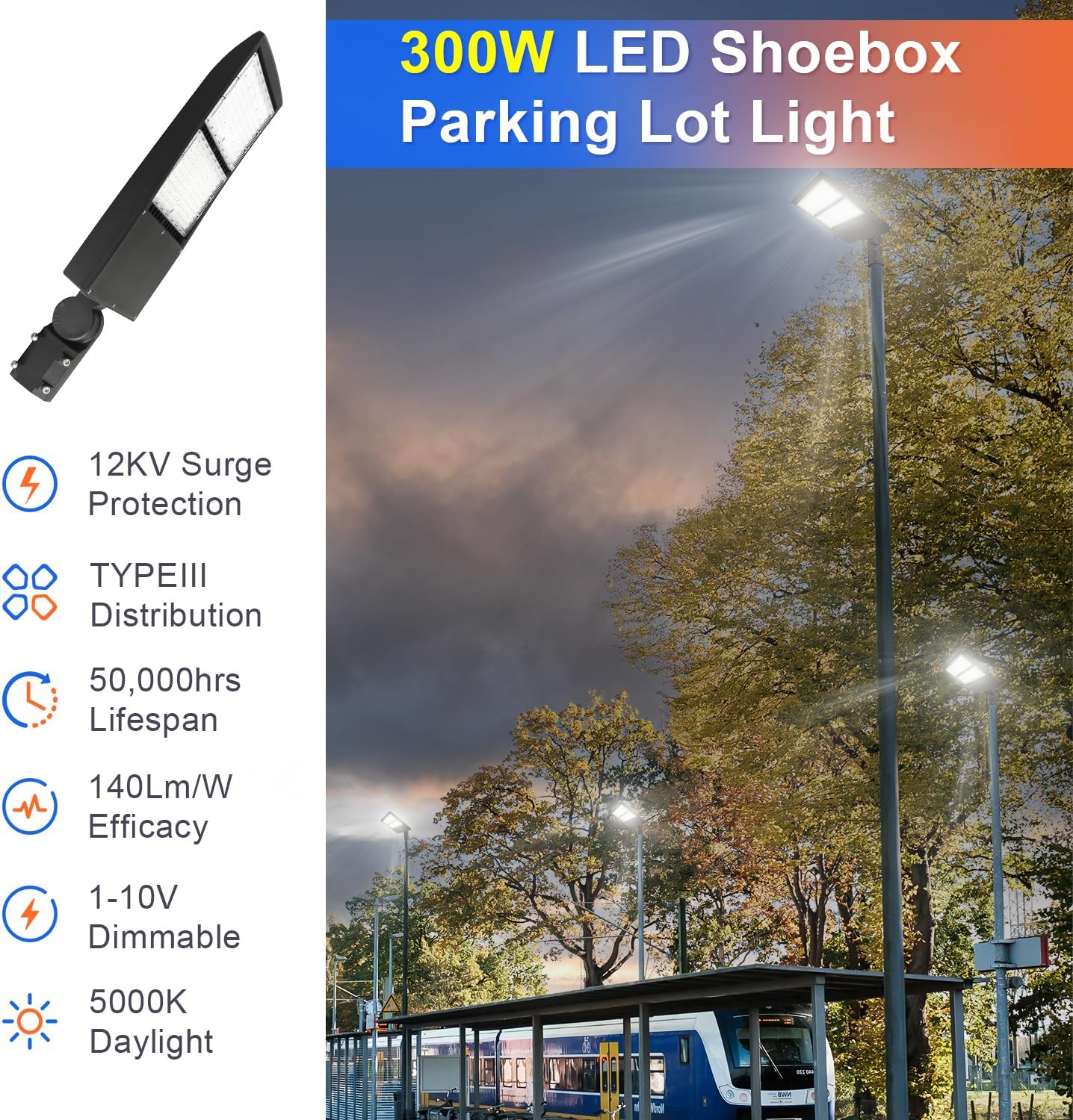 OSTEK 300W LED Parking Lot Light, 42000lm(140lm/w) 5000K LED Shoebox Light -Slip Fitter Mount, Outdoor Area Street Lighting [600-750W HID/HPS Equiv.] Commercial Outdoor Lighting 100-277V,UL&DLC Listed