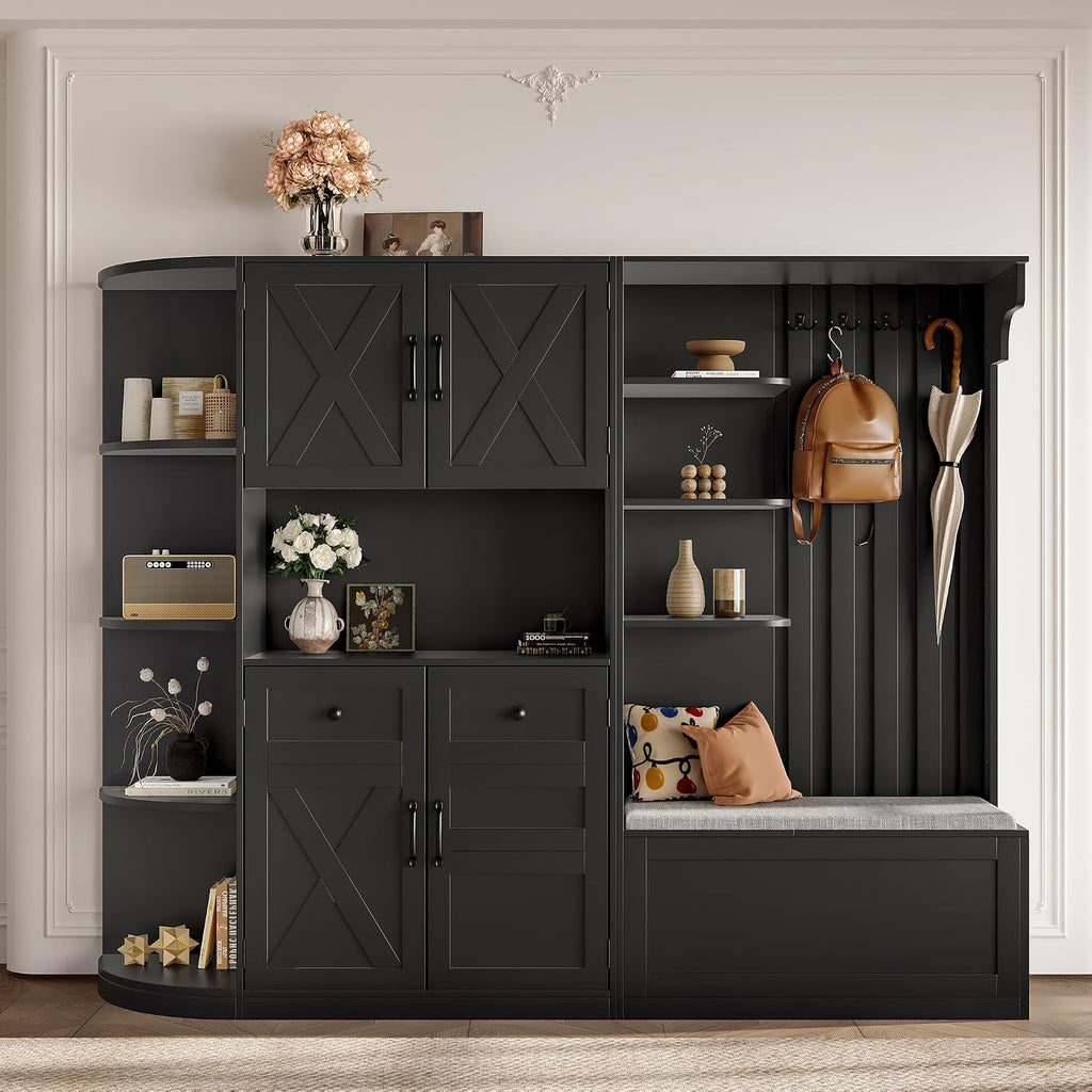 Multifunctional Hall Tree with Shoe Bench & Storage Cabinet,2-in-1 Left-Right L-Shaped Corner Entryway Cabinets with Coat Rack & Open Shelves,Modern Storage Organizer for,Living Room (Black)