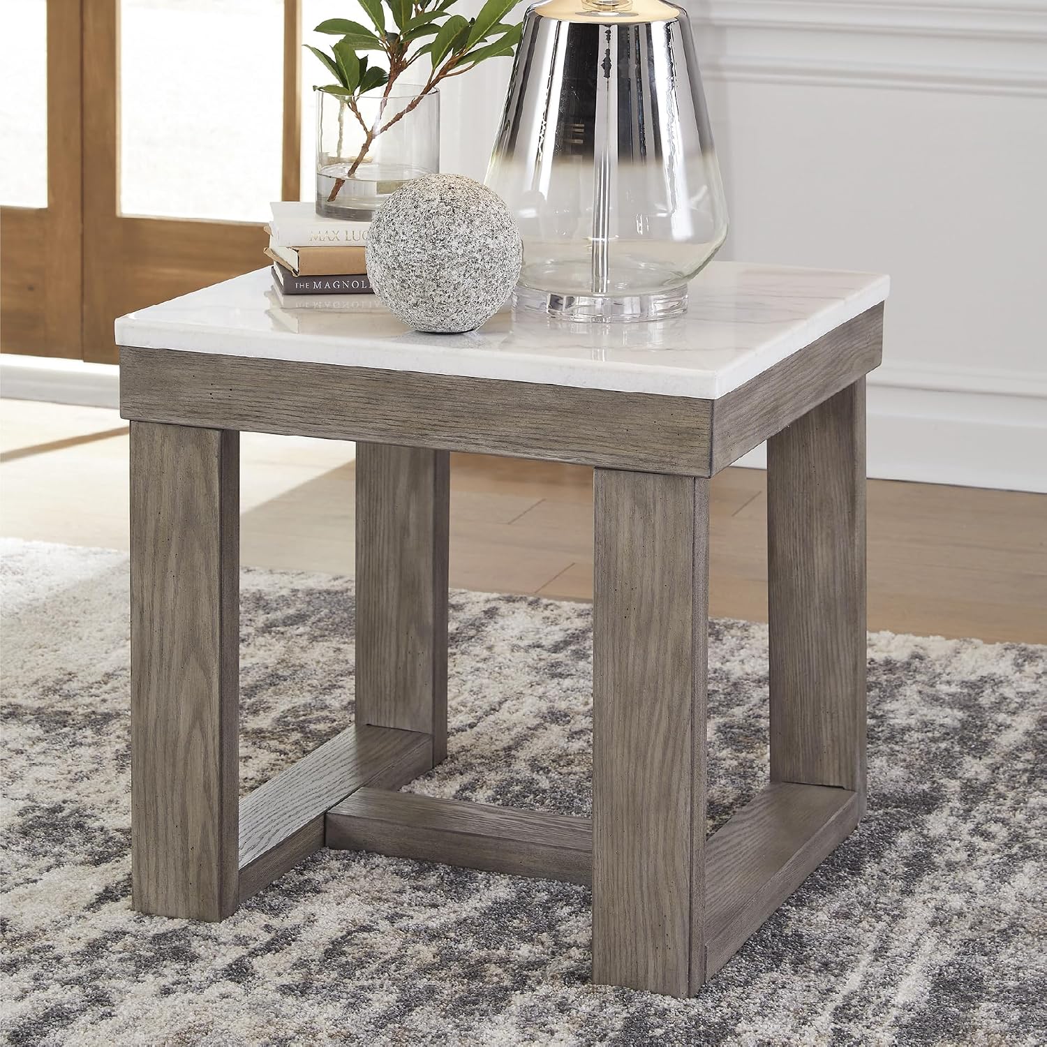 Signature Design by Ashley Loyaska Casual End Table with White Marble Top, Light Brown & White Marble
